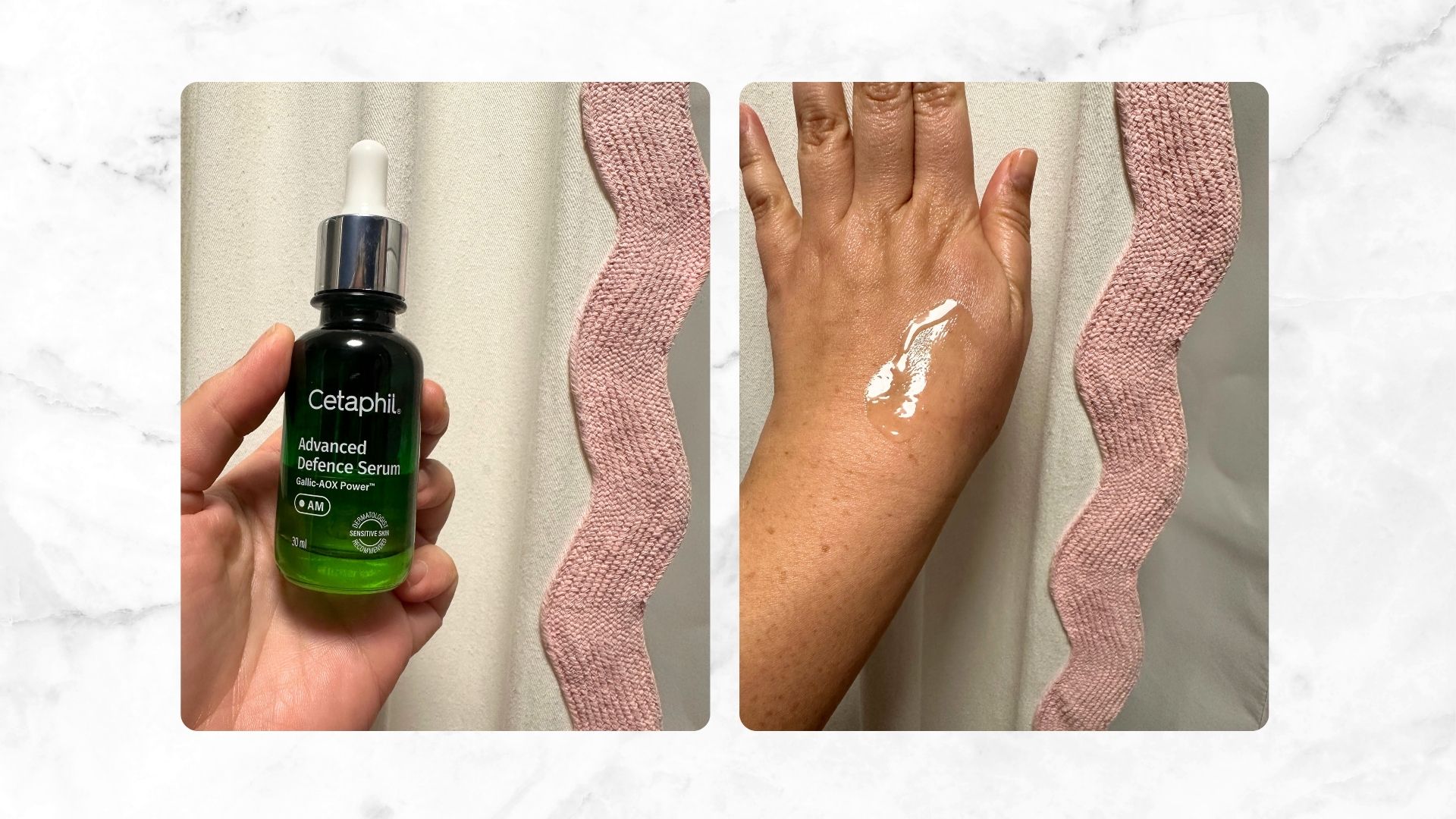 An image of senior beauty editor Rhiannon holding the Cetaphil Advanced Defence serum, and showing the swatch of the serum on her hand