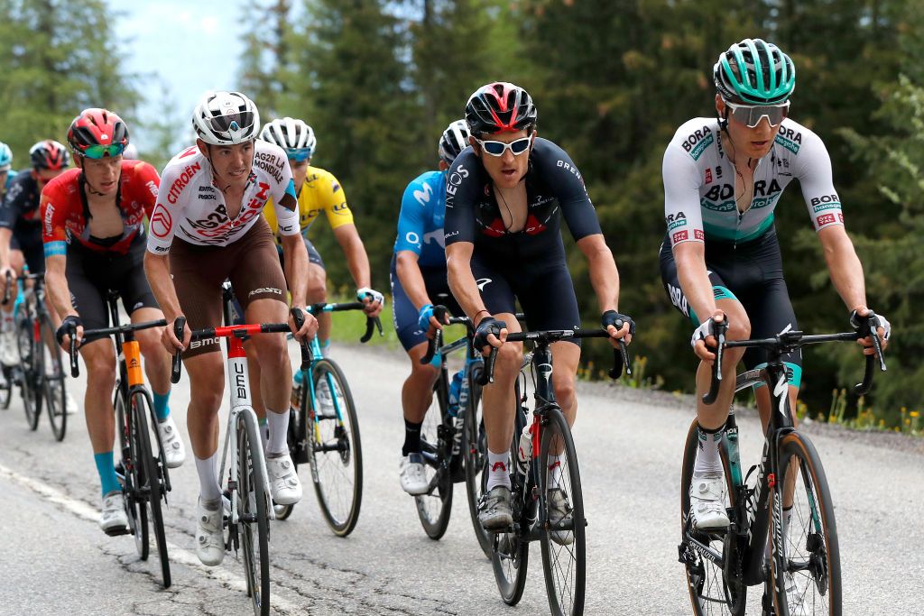 LA PLAGNE FRANCE JUNE 05 Jack Haig of Australia and Team Bahrain Victorious Ben Alexander Oconnor of Australia and AG2R Citren Team Geraint Thomas of The United Kingdom and Team INEOS Grenadiers Geraint Thomas of The United Kingdom and Team INEOS Grenadiers Wilco Kelderman of Netherlands and Team Bora Hansgrohe during the 73rd Critrium du Dauphin 2021 Stage 7 a 1715km stage from SaintMartinLeVinoux to La Plagne 2072m UCIworldtour Dauphin dauphine on June 05 2021 in La Plagne France Photo by Bas CzerwinskiGetty Images