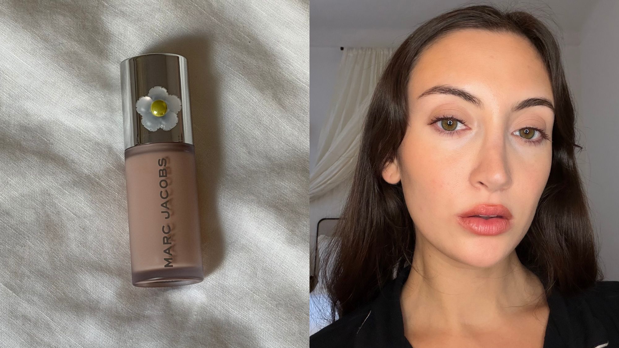 Who What Wear associate beauty editor Alyssa Brascia wearing and displaying the Marc Jacobs Nude Awakening Hydrating Medium Coverage Concealer.