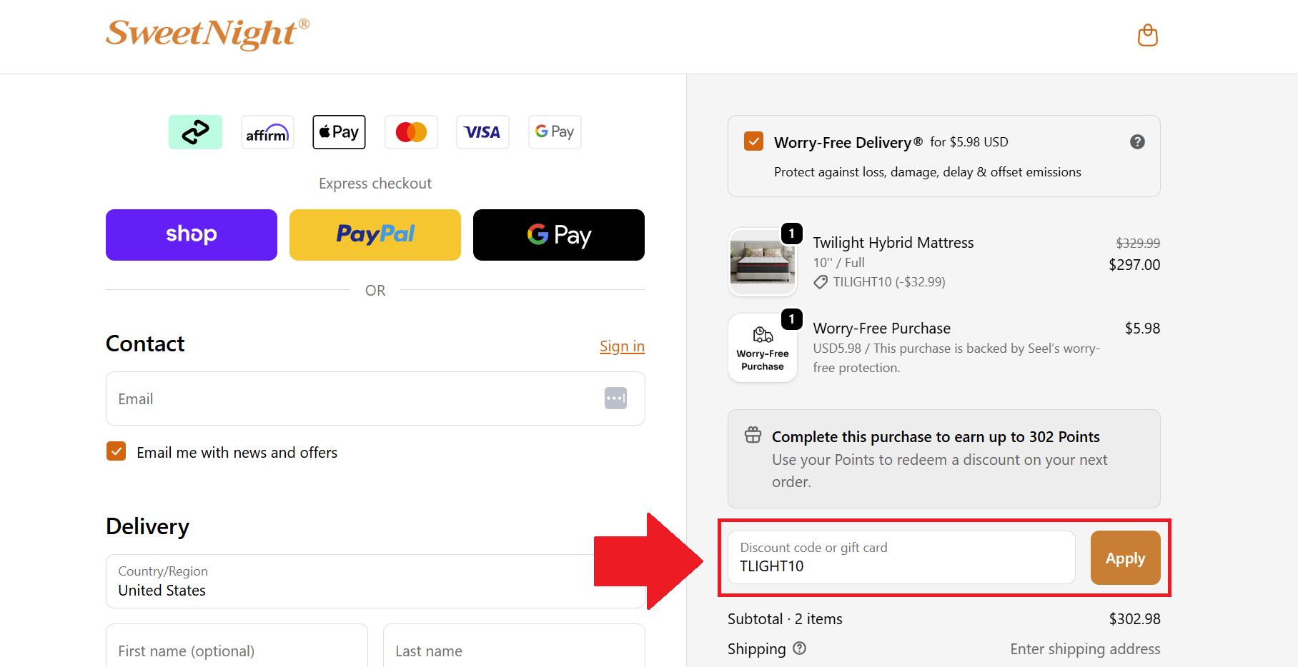 A screenshot of the sweetnight checkout page showing where to enter your sweetnight promo code