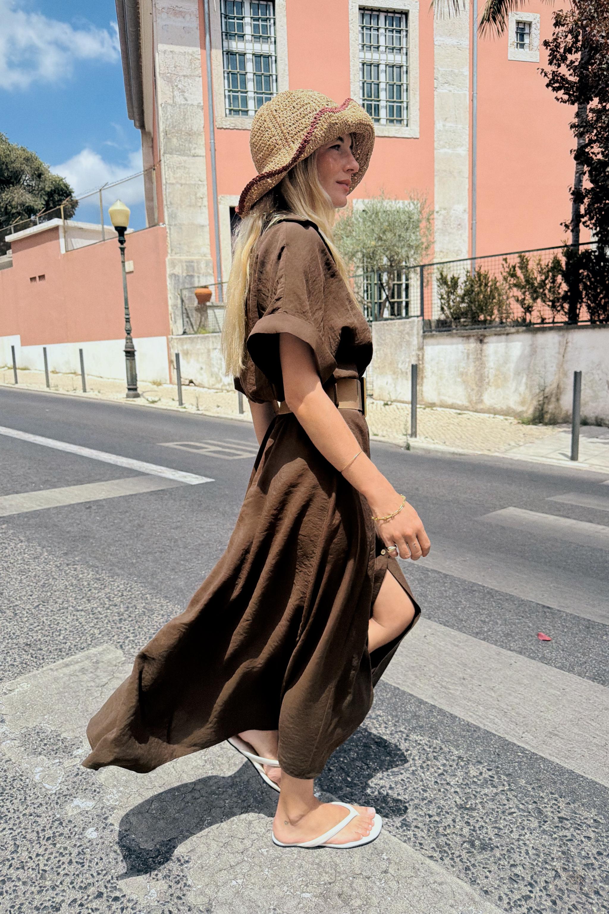 Belted Midi Dress - Brown - Xs