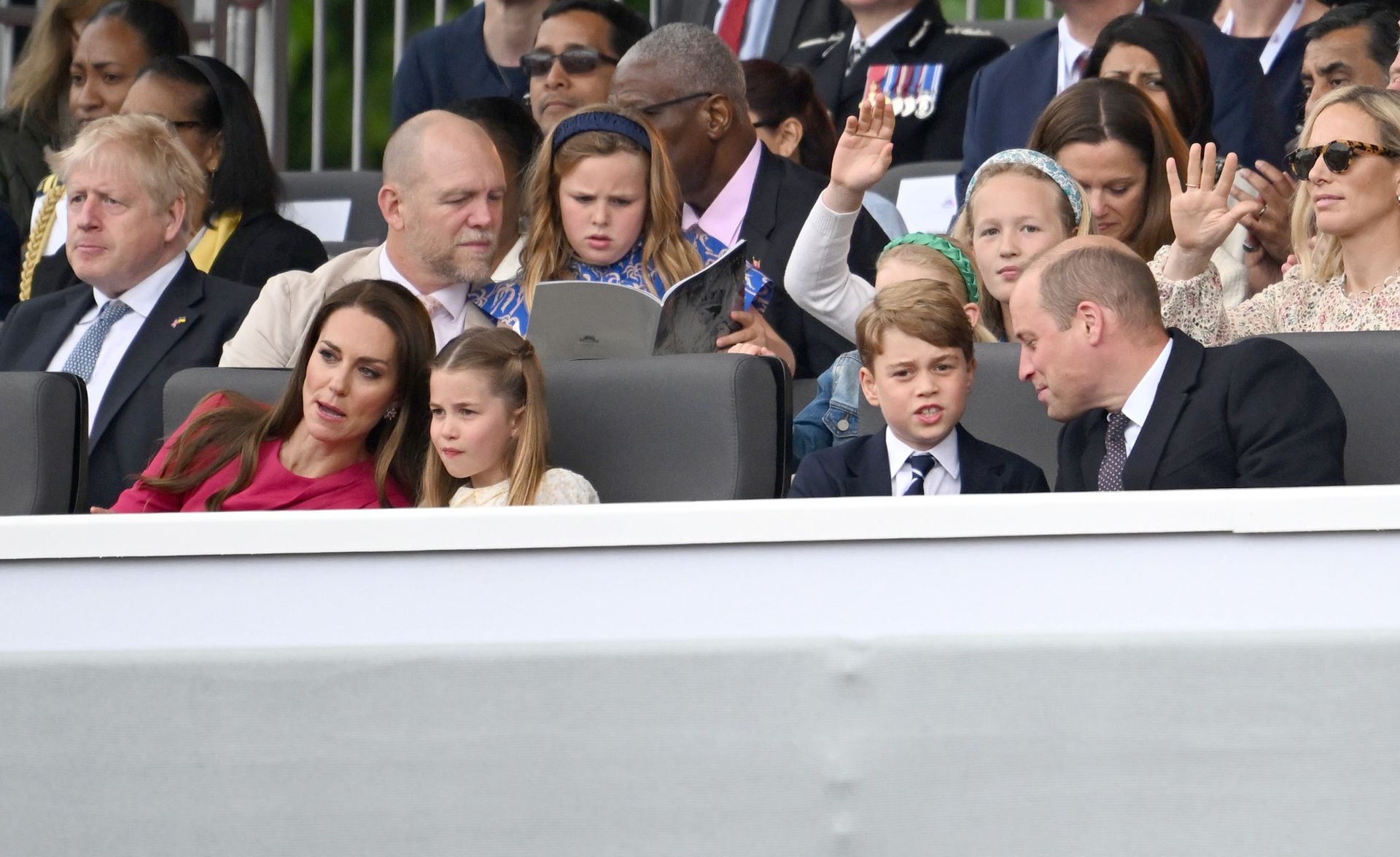 Mike Tindall, Mia Tindall, Lena Tindall and Zara Tindall sitting behind Princess Kate, Princess Charlotte, Prince George and Prince William at the Platinum Jubilee