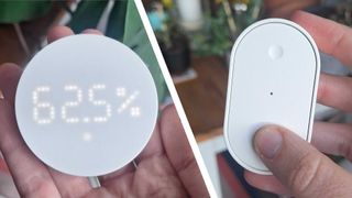 A split image of an IKEA smart home thermostat and remote 