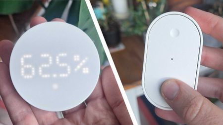 A split image of an IKEA smart home thermostat and remote 