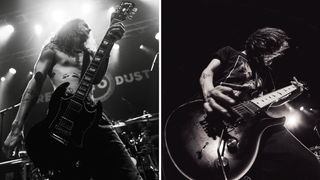 Black-and-white action shots of Return to Dust guitarists Matty Bielawski [left, with a Gibson SG] and Sebastian Gonzalez [playing a PRS].