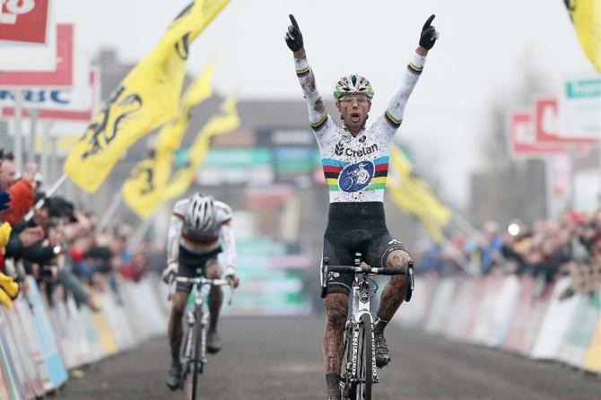World champion Sven Nys (Crelan-KDL) celebrates victory at Superprestige Gavere while German champion Philipp Walsleben (BKCP-Powerplus) has to settle for second