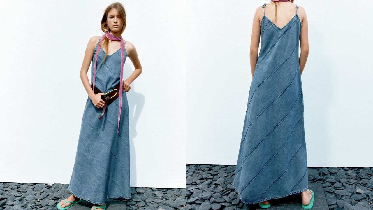 composite of model wearing zara denim midi dress