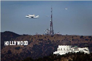 Photographer Sam Veta snapped this photo of NASA's space shuttle Endeavour flying over the iconic Hollywood sign and Griffith Observatory during its arrival in Los Angeles on Sept. 21, 2012.