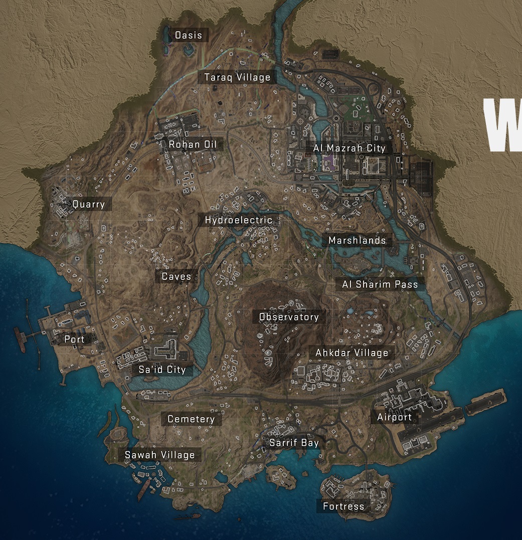 Полная карта Аль-Мазры Warzone 2 с названиями мест, помеченными на расстоянии.