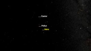 night sky image showing pollux shining just to the upper right of Mars and castor shining above.