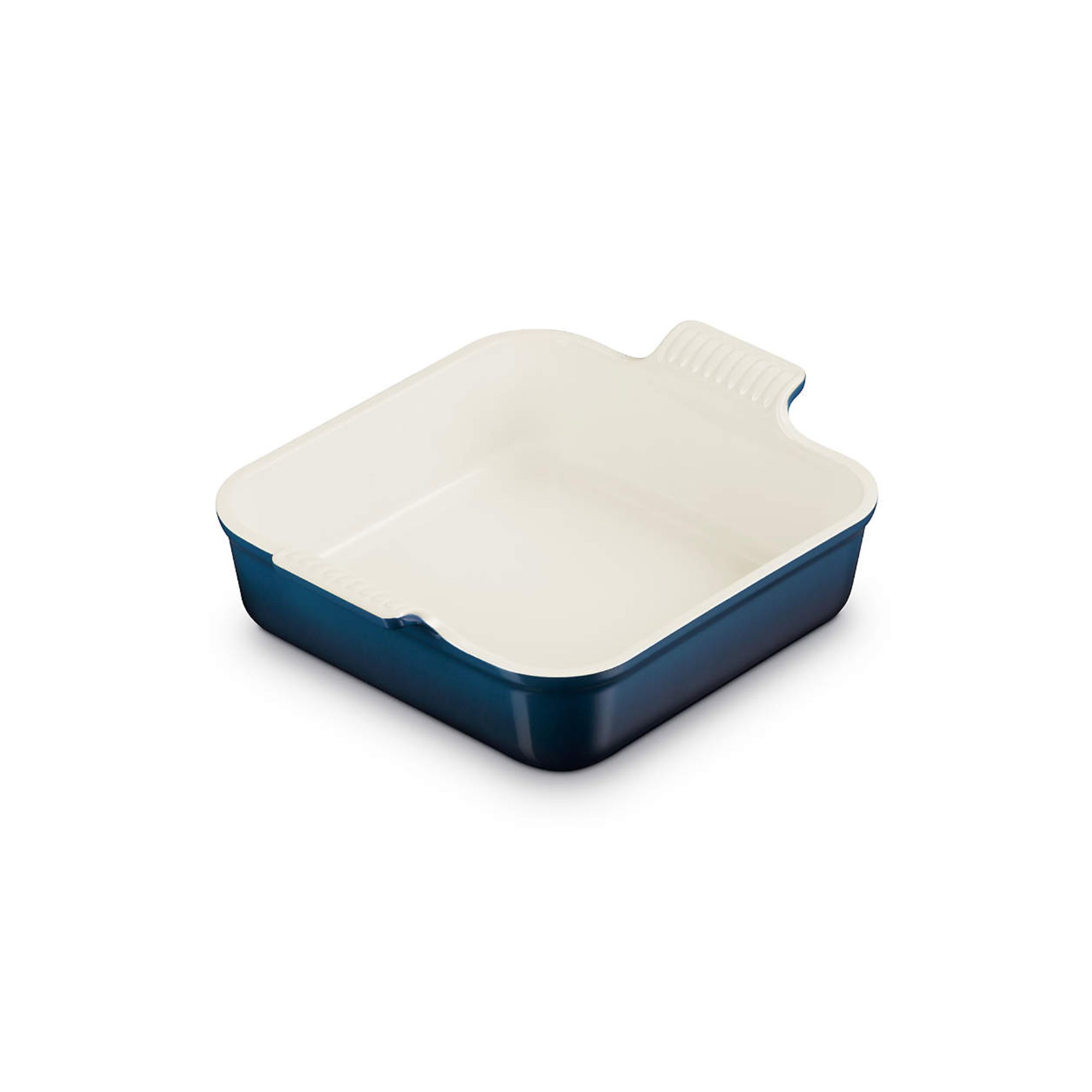 Square blue Le Creuset baking dish