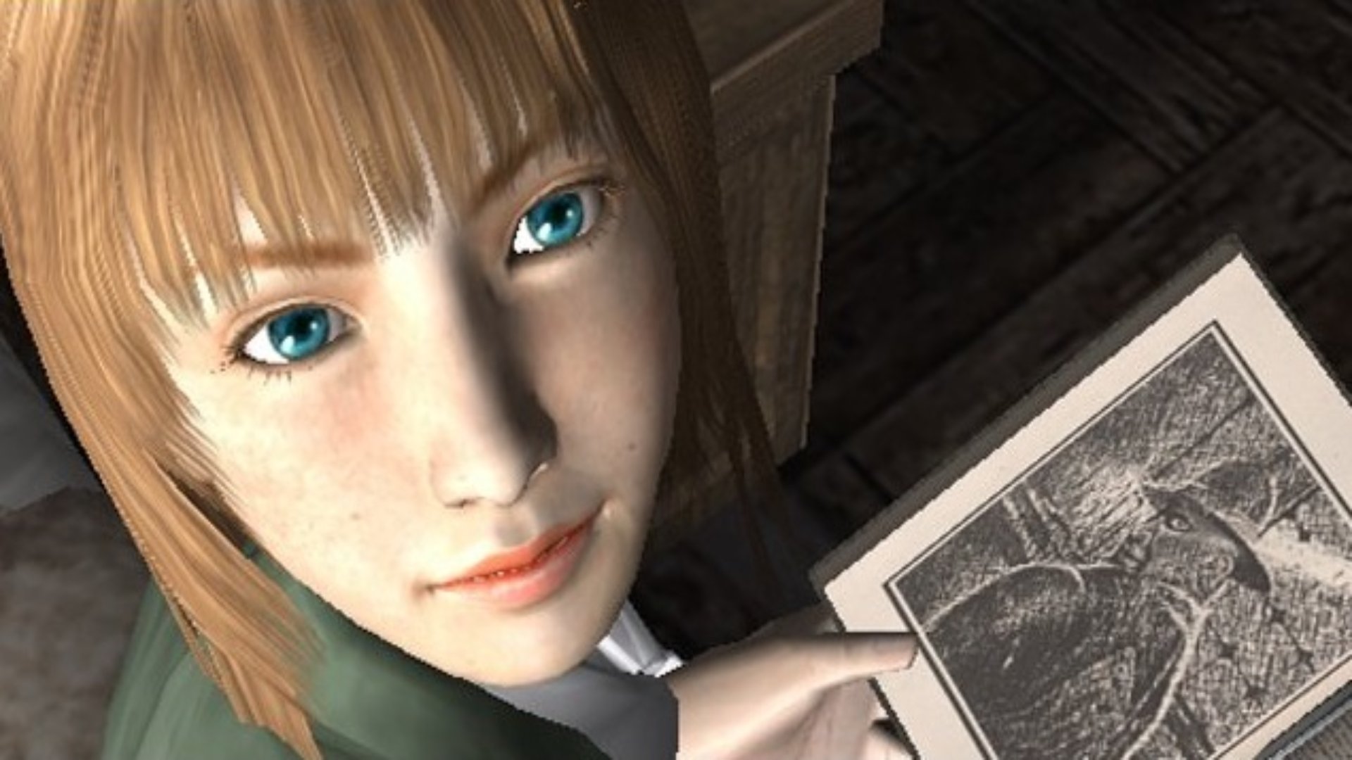 Clock Tower 3 screenshot of Alyssa looking over book with an image of a mysterious man in a hat