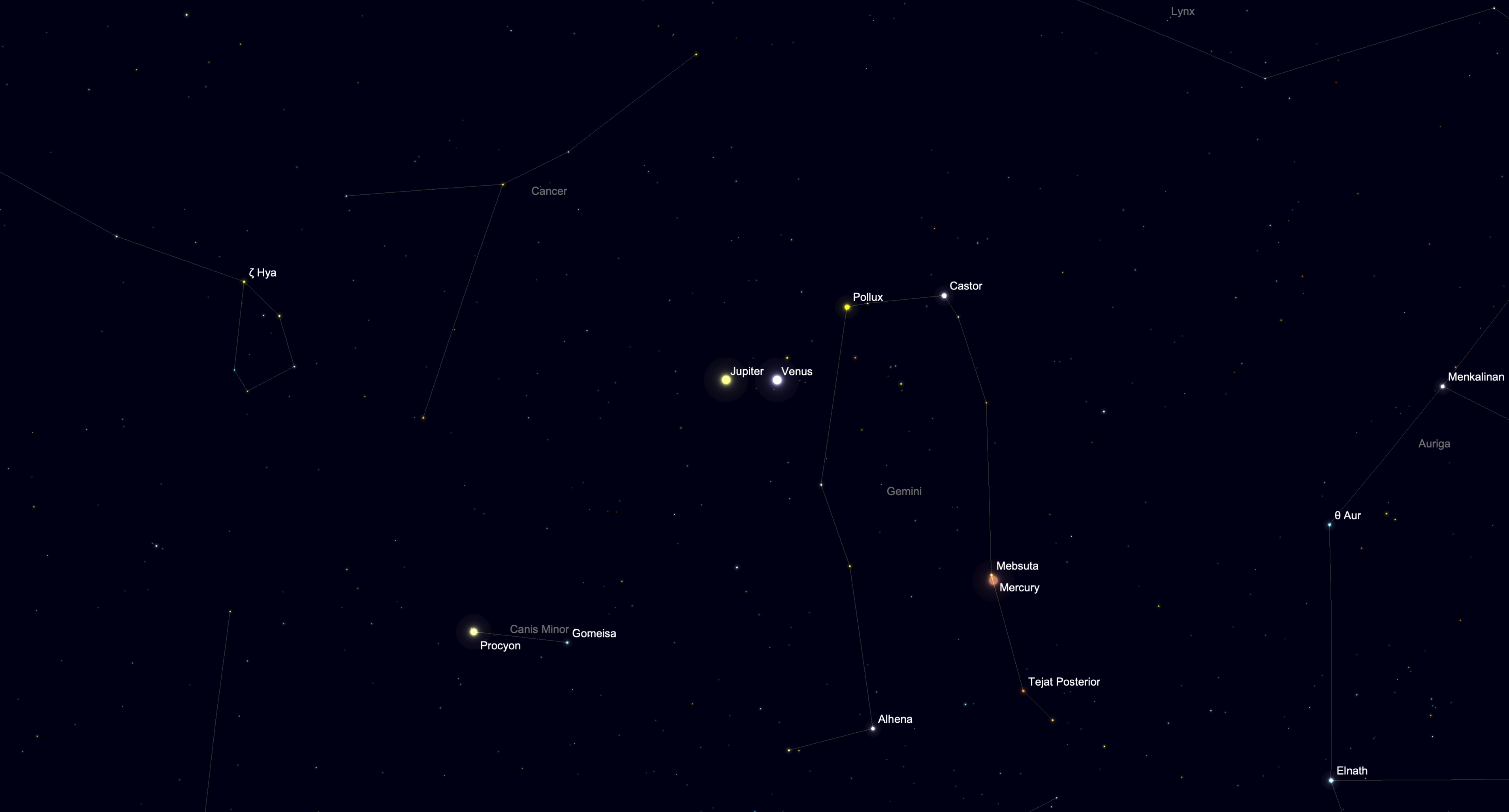 Sky chart showing Venus and Jupiter in a close conjunction above the western horizon.