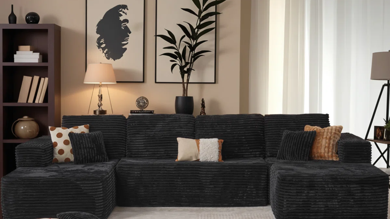 a living room with a large black couch with pillows, art hanging from the wall, a plant in the background, and a bookcase on the left side of the image