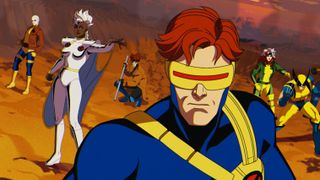 L-R): Morph (voiced by JP Karliak), Storm (voiced by Alison Sealy-Smith), Gambit (voiced by AJ LoCascio), Cyclops (voiced by Ray Chase), Rogue (voiced by Lenore Zann), Wolverine (voiced by Cal Dodd), Bishop (voiced by Isaac Robinson-Smith), Beast (voiced by George Buza) in Marvel Animation's X-MEN '97.