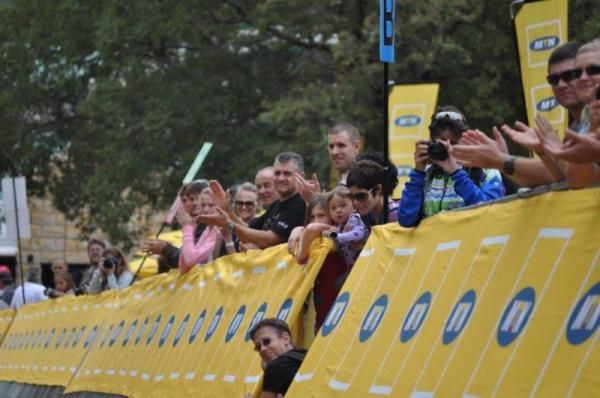 The crowds line the finish chute.