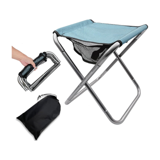 A striped portable camping stool