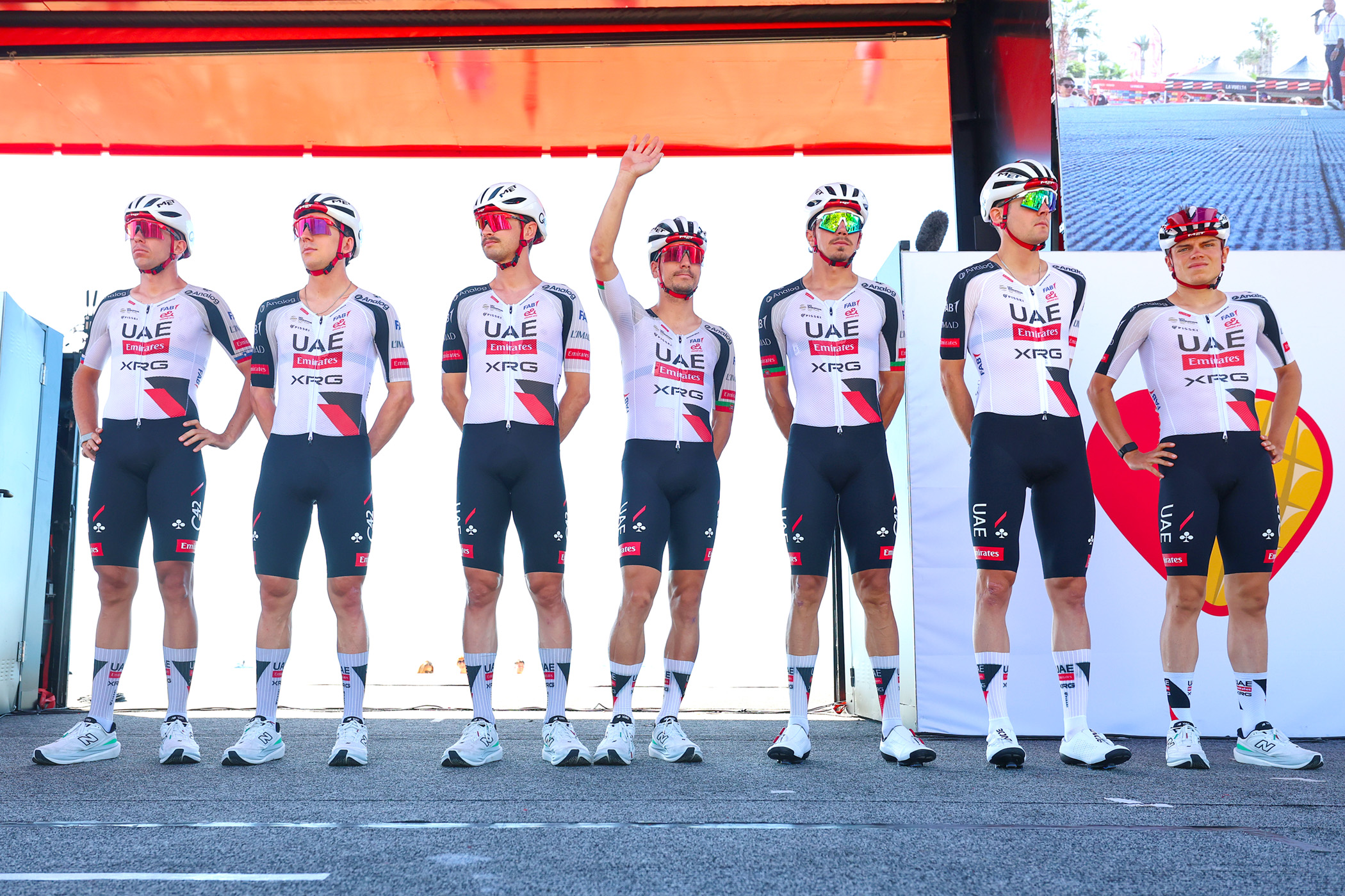 UAE Team Emirates-XRG's remaining seven rider line up on stage ahead of stage 9 of the Vuelta a Espa&ntilde;a