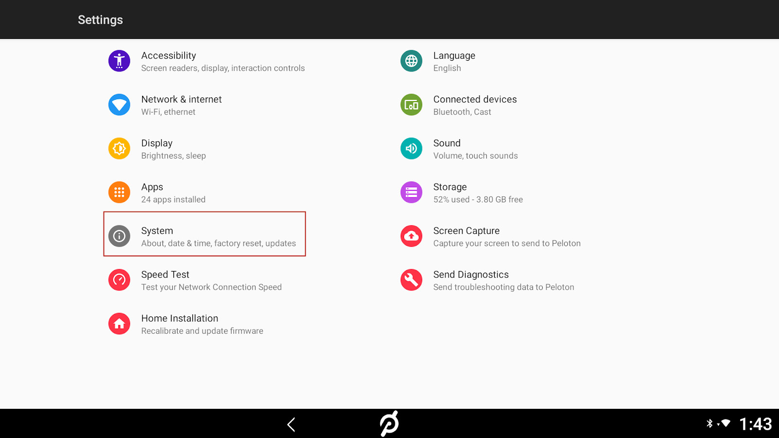 The system-settings screen on a Peloton Bike+ or Tread unit.