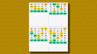 Quordle Daily Sequence answers for game 1102 on a yellow background