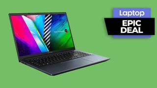 Asus VivoBook Pro OLED laptop against green background