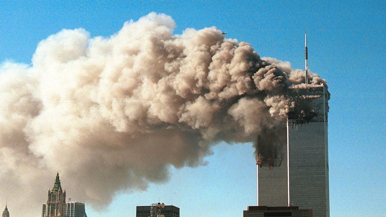 Smoke pours from the twin towers of the World Trade Center