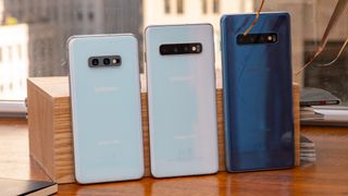 The Samsung Galaxy S10 lineup viewed from the back