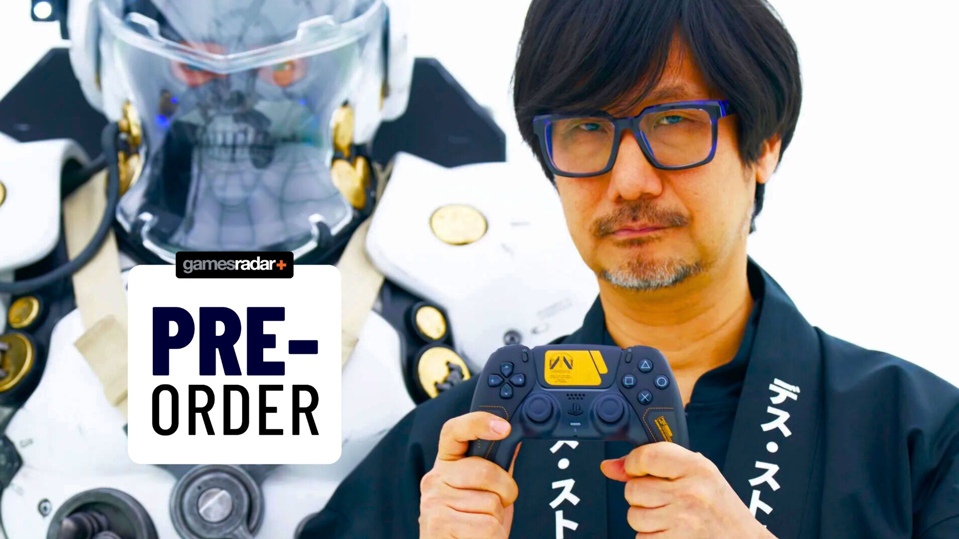 A marketing picture of Hideo Kojima holding the new Limited Edition Death Stranding 2 DualSense controller with a GamesRadar+ pre-order badge on top of it