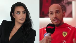 Side by side: Kim Kardashian in black blazer, Lewis Hamilton talking on microphone on F1