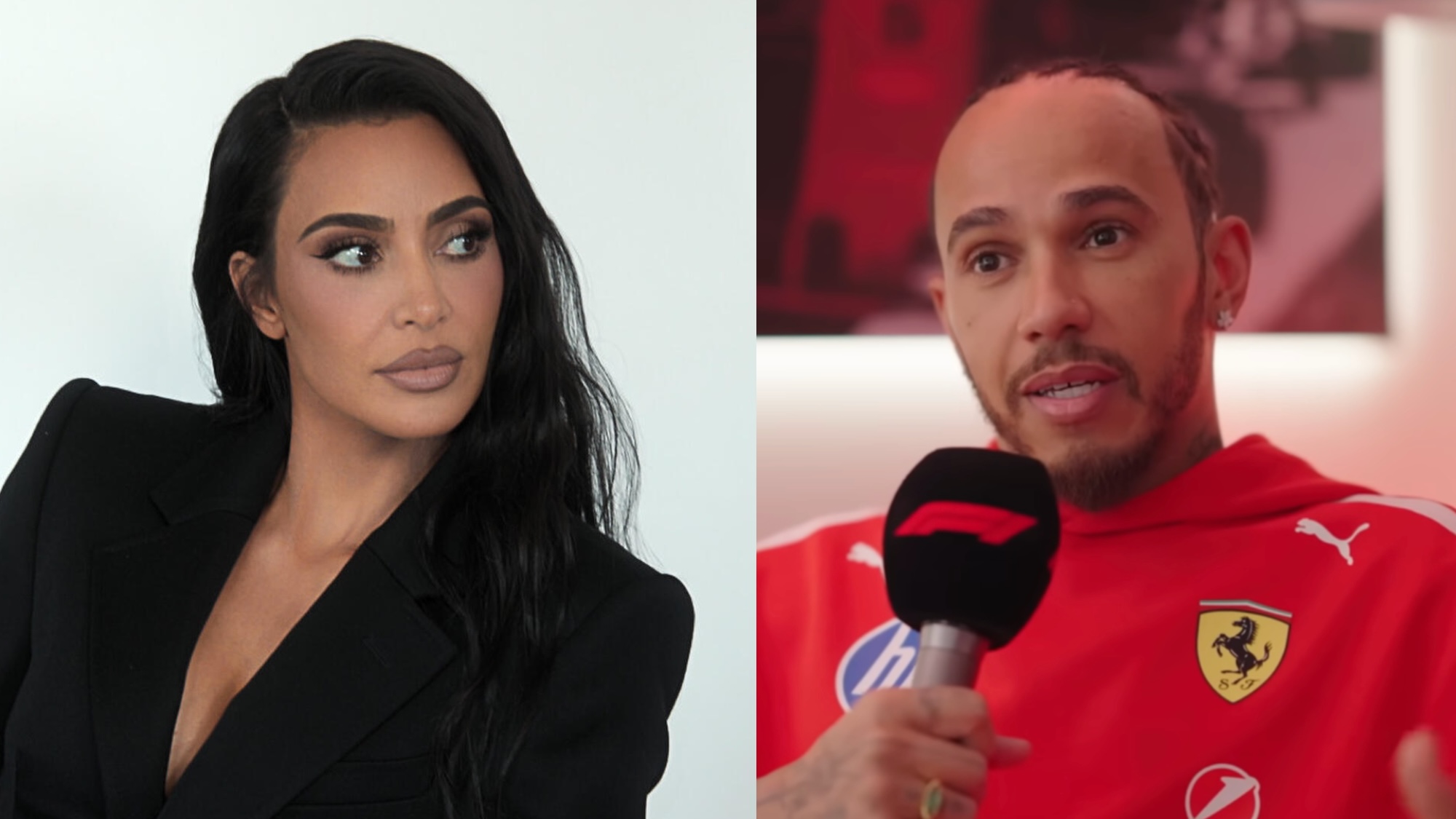 Side by side: Kim Kardashian in black blazer, Lewis Hamilton talking on microphone on F1