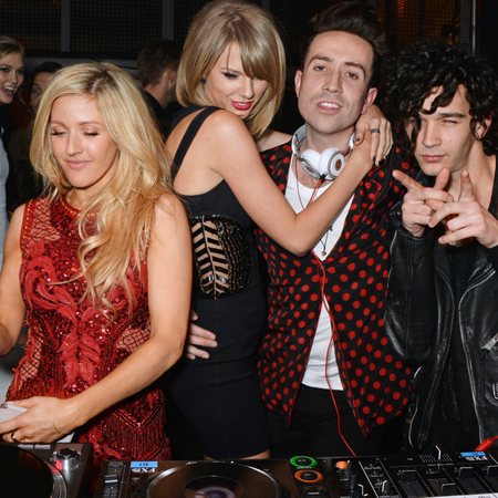 Karlie Kloss, Ellie Goulding, Taylor Swift, Nick Grimshaw and Matt Healy attend the Universal Music Brits party at The Soho House Pop-Up on February 25, 2015 in London, England