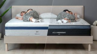 Helix Midnight vs Helix Midnight Luxe mattress comparison image shows our sleep editor lying on her side on the Midnight original on the left and the Midnight Luxe on the right