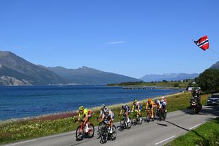 The breakaway races along on stage 2 of the 2021 Arctic Race of Norway
