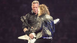 James Hetfield of Metallica and Robert Trujillo of Metallica performs live on stage during a concert of the Metallica M72 World Tour at the Johan Cruijff ArenA on April 27, 2023 in Amsterdam, Netherlands.