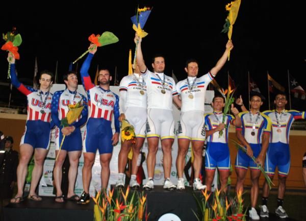 The men's team sprint podium: USA, Colombia and Venezuela