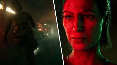Split image showing Ro Laren running down a corridor (left) and her face illuminated by a red glow (right)