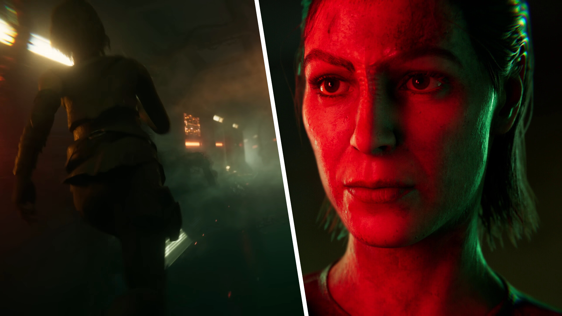 Split image showing Ro Laren running down a corridor (left) and her face illuminated by a red glow (right)