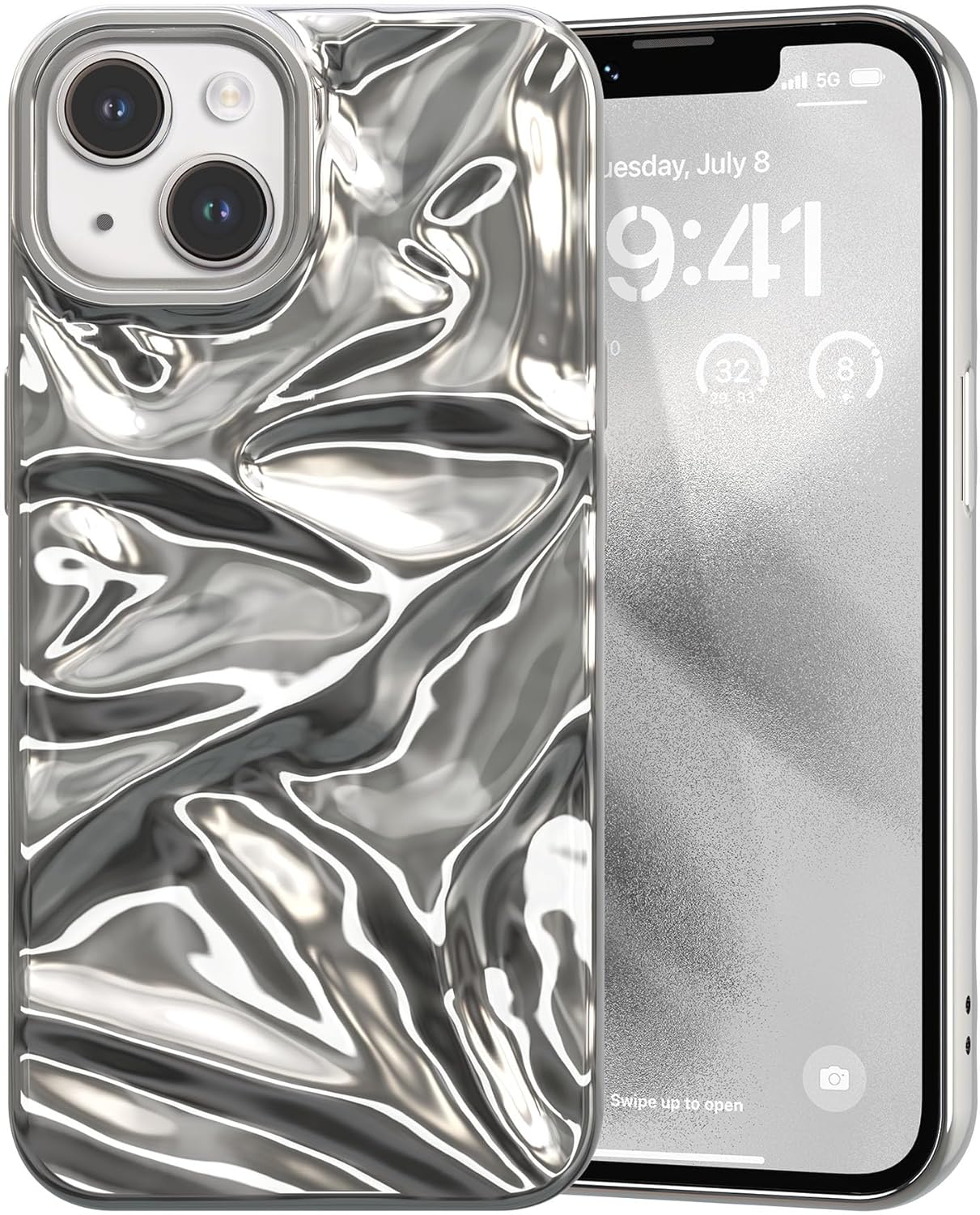 Zcdaye Case for Iphone 15 Glossy Water Ripple Phone Case,tpu Cute Glitter Trendy Phone Case Solid Colour Soft Shell Slim Fit Women Protective Case for Iphone 15 (6.1 Inches),silver