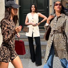 fashion collage of three style influencers including Valeria @sobalera, Anna Newton, and Léna Farouil wearing outfits with leopard-print trend pieces and color trends