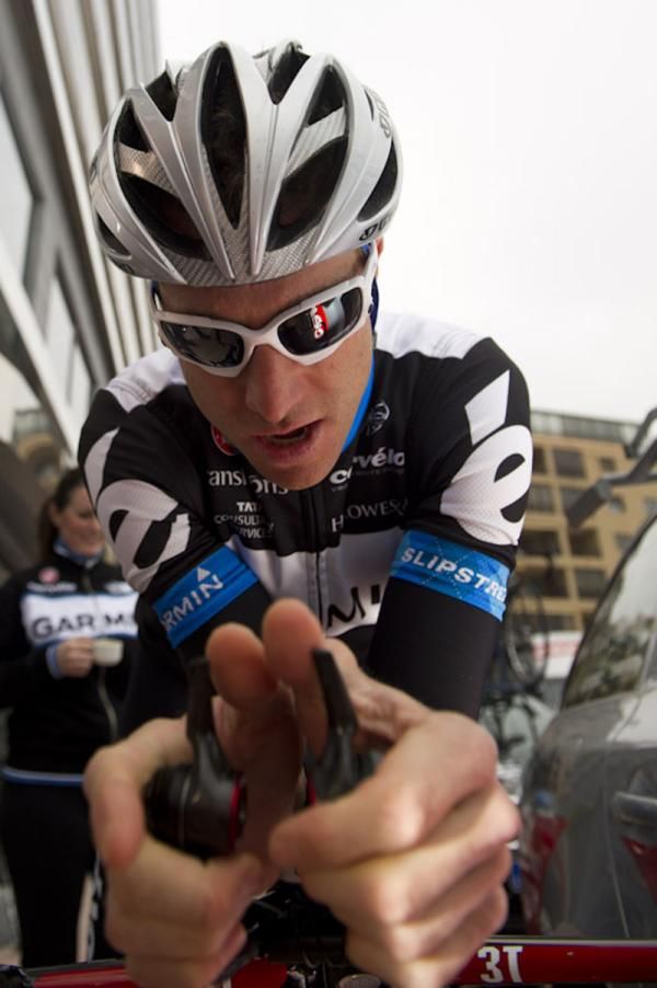 Christian Vande Velde tests out his new time trial bike