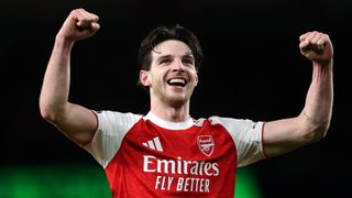 Declan Rice of Arsenal celebrates after the team's victory in the Premier League match between Arsenal and Tottenham Hotspur at Emirates Stadium on November 23, 2025 in London, England. 