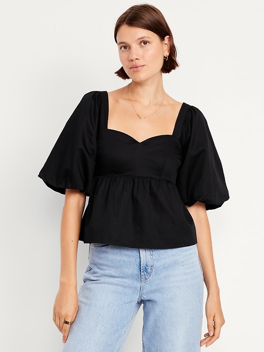 Puff-Sleeve Satin Peplum Top