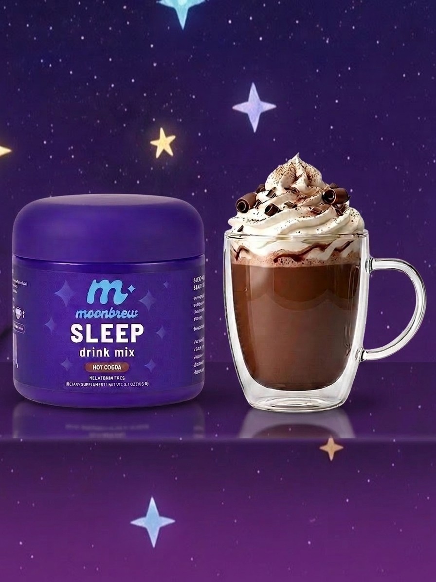 A tub of Moonbrew sleep hot cocoa (left) and a mug filled with hot cocoa and topped with whipped cream (right) against a starry background edited by Gemini