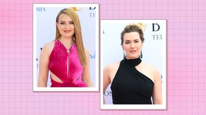 Amelia Dimoldenberg and Kate Winslet at the 2023 TV BAFTAS/ in a two-picture pink and purple template
