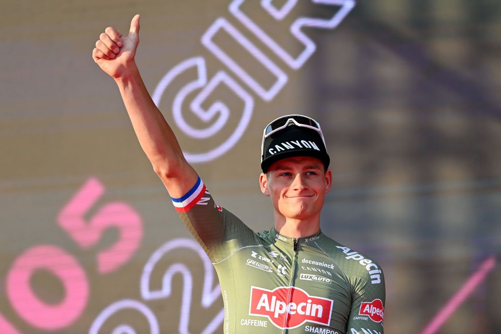 Mathieu van der Poel (Alpecin-Fenix) shows the new jersey at the 2022 Giro d'Italia teams presentation