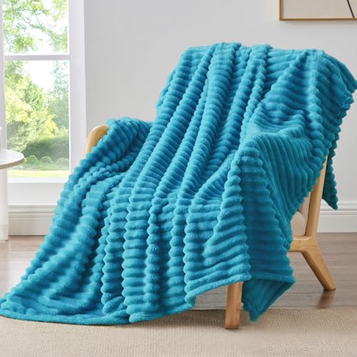 Bedelite Fleece Throw Blanket for Couch - 300gsm Soft &amp;amp; Warm Fluffy Teal Blanket, Decorative and Giftable Striped Blankets for Women, Men, 50"x60"