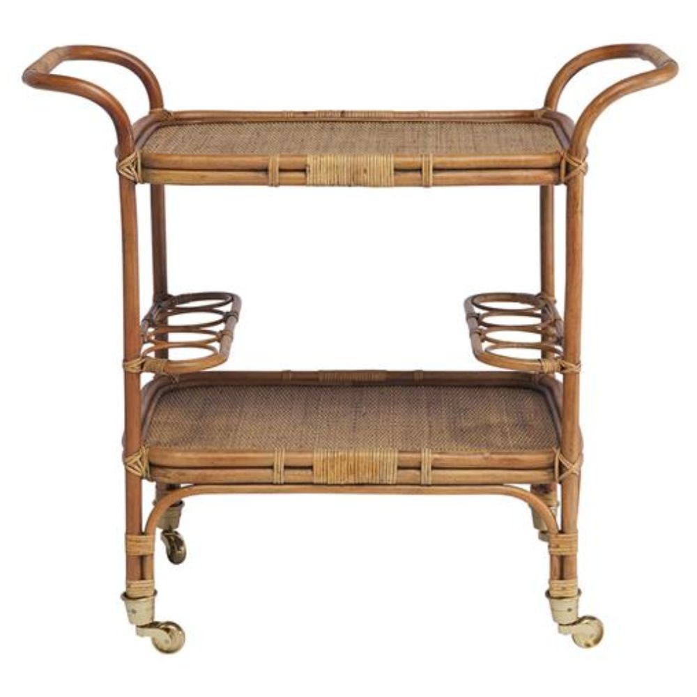 Minda Coastal Beach Antique Brown Rattan Woven Wicker Bar Cart