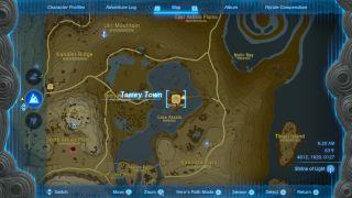 A screenshot of the map in The Legend of Zelda Tears of the Kingdom showing the location of Tarrey Town.
