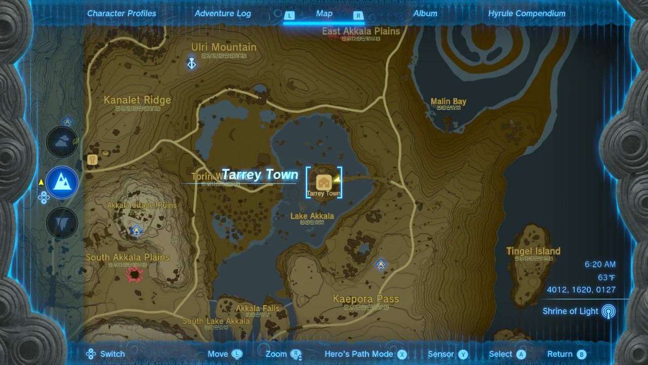 Скриншот карты в The Legend of Zelda Tears of the Kingdom, показывающий расположение города Тарри.