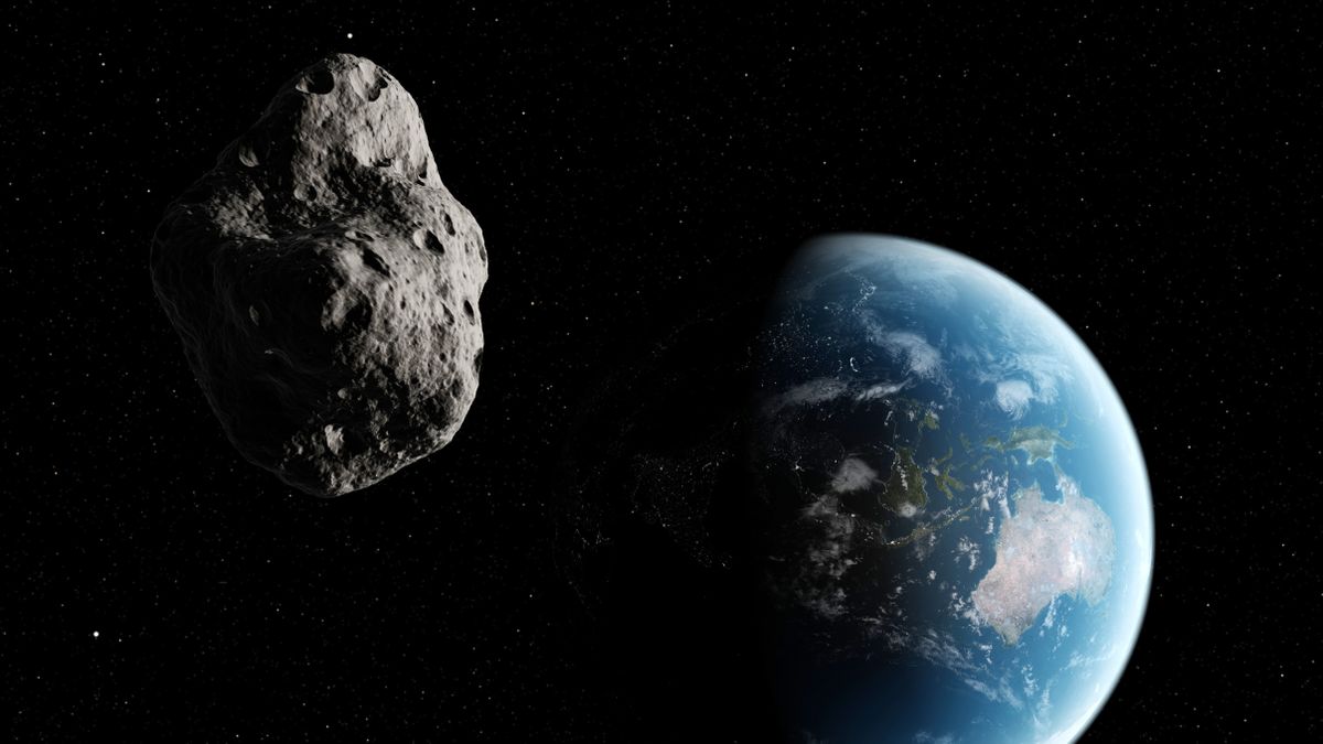 A digital illustration of an asteroid approaching Earth. 